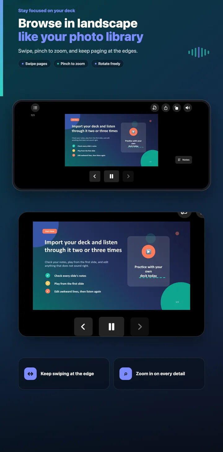 Tingbo PowerPoint viewer in landscape with swipe and zoom controls